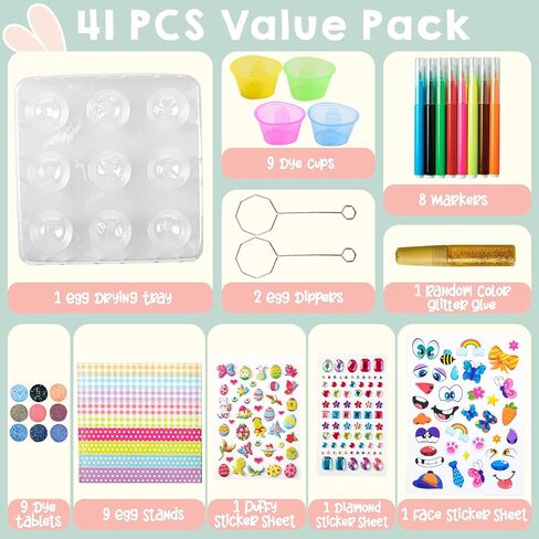 Klever 41 Pcs Easter Egg Decorating DIY Kit with Dye Tablets and Easter Stickers, Coloring Dyeing Set for Kids Easter Theme Party, Egg Hunt Creativity Activity in Kuwait