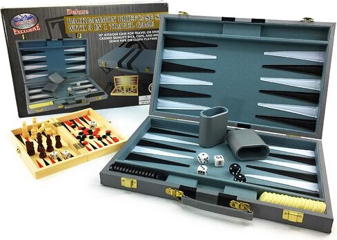 Matty's Toy Stop Deluxe 15" Backgammon Briefcase (Vinyl Gray Attache) with 3-in-1 Chess, Checkers & Backgammon Wooden Travel Games Set (8") in Saudi Arabia