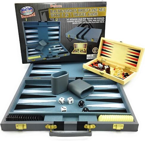 Matty's Toy Stop Deluxe 15" Backgammon Briefcase (Vinyl Gray Attache) with 3-in-1 Chess, Checkers & Backgammon Wooden Travel Games Set (8") in Saudi Arabia