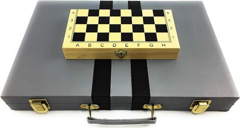 Matty's Toy Stop Deluxe 15" Backgammon Briefcase (Vinyl Gray Attache) with 3-in-1 Chess, Checkers & Backgammon Wooden Travel Games Set (8") in Saudi Arabia