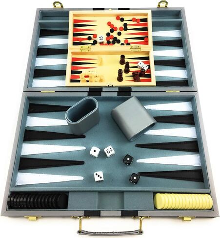 Matty's Toy Stop Deluxe 15" Backgammon Briefcase (Vinyl Gray Attache) with 3-in-1 Chess, Checkers & Backgammon Wooden Travel Games Set (8") in Saudi Arabia