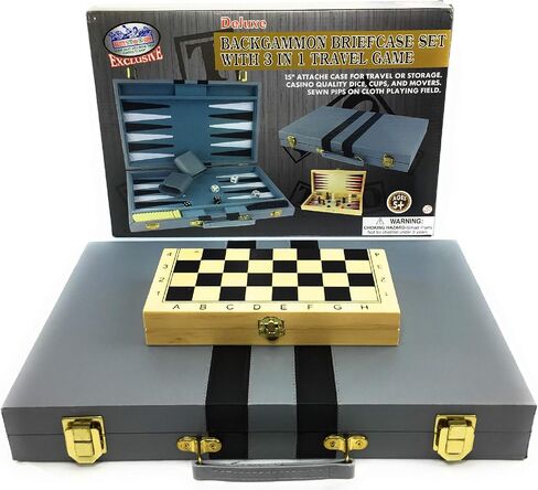 Matty's Toy Stop Deluxe 15" Backgammon Briefcase (Vinyl Gray Attache) with 3-in-1 Chess, Checkers & Backgammon Wooden Travel Games Set (8") in Saudi Arabia