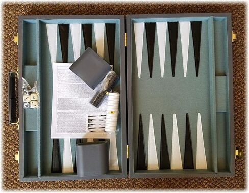 Matty's Toy Stop Deluxe 15" Backgammon Briefcase (Vinyl Gray Attache) with 3-in-1 Chess, Checkers & Backgammon Wooden Travel Games Set (8") in Saudi Arabia