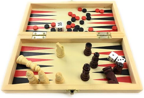 Matty's Toy Stop Deluxe 15" Backgammon Briefcase (Vinyl Gray Attache) with 3-in-1 Chess, Checkers & Backgammon Wooden Travel Games Set (8") in Saudi Arabia