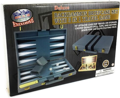 Matty's Toy Stop Deluxe 15" Backgammon Briefcase (Vinyl Gray Attache) with 3-in-1 Chess, Checkers & Backgammon Wooden Travel Games Set (8") in Saudi Arabia
