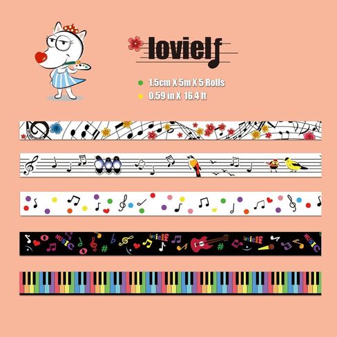 lovielf أبيض وأسود البيانو ملاحظة ميلودي لوحة المفاتيح القط الموظفين ستاف النتيجة الموسيقى اشي الشريط مجموعة من 4 لفات - ديكور DIY اليابانية اخفاء مخطط دفتر القصاصات | الطول: 10 م (10.93 ياردة) in Kuwait