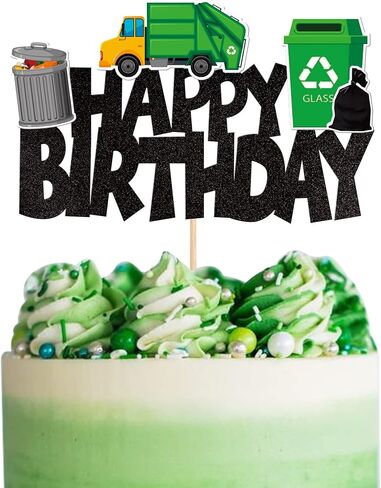 1 PCS Trash Cans Happy Birthday Cake Topper Garbage Truck Cake Pick Decoration for Trash Waste Management Recycling Theme Baby Shower Kids Boys Girls Birthday Party Cake Decorations Supplies in Kuwait