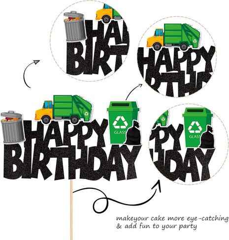 1 PCS Trash Cans Happy Birthday Cake Topper Garbage Truck Cake Pick Decoration for Trash Waste Management Recycling Theme Baby Shower Kids Boys Girls Birthday Party Cake Decorations Supplies in Kuwait