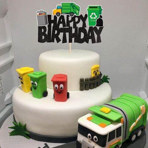1 PCS Trash Cans Happy Birthday Cake Topper Garbage Truck Cake Pick Decoration for Trash Waste Management Recycling Theme Baby Shower Kids Boys Girls Birthday Party Cake Decorations Supplies in Kuwait