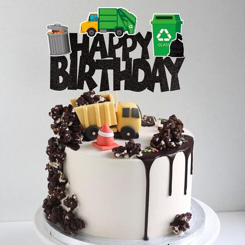 1 PCS Trash Cans Happy Birthday Cake Topper Garbage Truck Cake Pick Decoration for Trash Waste Management Recycling Theme Baby Shower Kids Boys Girls Birthday Party Cake Decorations Supplies in Kuwait