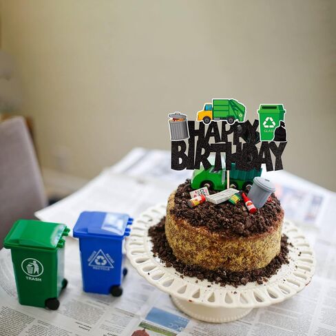 1 PCS Trash Cans Happy Birthday Cake Topper Garbage Truck Cake Pick Decoration for Trash Waste Management Recycling Theme Baby Shower Kids Boys Girls Birthday Party Cake Decorations Supplies in Kuwait