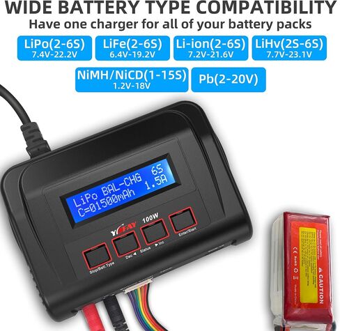 RC Battery Charger AC/DC 100W Lipo Charger Lipo Battery Charger for 2S 3S-6S 7.4v 11.1v Lipo Battery Packs with TRX/Alligator Clip//XT60/T-Deans/Tamiya/JST/Futaba in Saudi Arabia