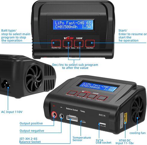 RC Battery Charger AC/DC 100W Lipo Charger Lipo Battery Charger for 2S 3S-6S 7.4v 11.1v Lipo Battery Packs with TRX/Alligator Clip//XT60/T-Deans/Tamiya/JST/Futaba in Saudi Arabia