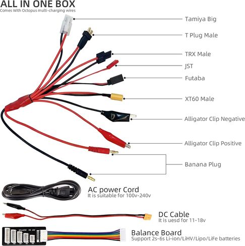 RC Battery Charger AC/DC 100W Lipo Charger Lipo Battery Charger for 2S 3S-6S 7.4v 11.1v Lipo Battery Packs with TRX/Alligator Clip//XT60/T-Deans/Tamiya/JST/Futaba in Saudi Arabia