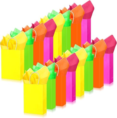 Sherr 24 Pieces Neon Party Gift Bags with Tissue Paper Blacklight Party Gift Treat Bags Neon Birthday Party Candy Goodie Bags Neon Glow Party Supplies for Kids Birthday Party Favor Decoration in Saudi Arabia