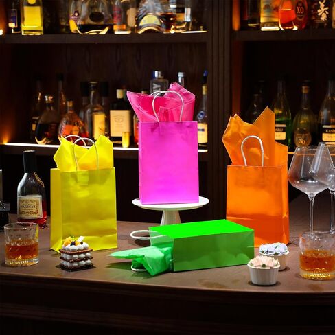 Sherr 24 Pieces Neon Party Gift Bags with Tissue Paper Blacklight Party Gift Treat Bags Neon Birthday Party Candy Goodie Bags Neon Glow Party Supplies for Kids Birthday Party Favor Decoration in Saudi Arabia