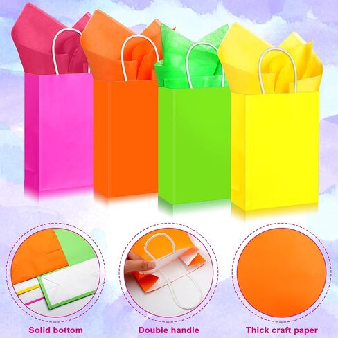 Sherr 24 Pieces Neon Party Gift Bags with Tissue Paper Blacklight Party Gift Treat Bags Neon Birthday Party Candy Goodie Bags Neon Glow Party Supplies for Kids Birthday Party Favor Decoration in Saudi Arabia