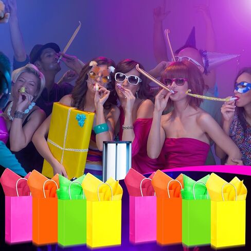 Sherr 24 Pieces Neon Party Gift Bags with Tissue Paper Blacklight Party Gift Treat Bags Neon Birthday Party Candy Goodie Bags Neon Glow Party Supplies for Kids Birthday Party Favor Decoration in Saudi Arabia