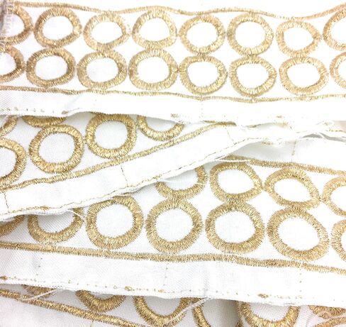 2-1/8" Gold/Off White Embroidered Fabric Ribbon - Gold Circle Embroidery Ribbon, Stoles 3 Yards - for Sewing, Crafting, Wedding Decor, Designer Boutique Ribbons) in Saudi Arabia
