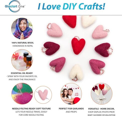 قلوب ملبدة من Glaciart - 1.5 بوصة جاهزة للتعليق (9 قطع) - تلبيد بالإبرة والزيوت العطرية جاهزة - مصنوعة يدويًا في نيبال باستخدام الصوف النيوزيلندي الطبيعي بنسبة 100%، للمشروعات الفنية، والأكاليل وديكور عيد الحب in Kuwait