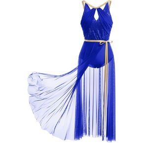ODASDO Lyrical Dance Costume for Women Lace Sleeveless Leotard Sheer Flowy Long Wrap Skirt 2pcs Outfit