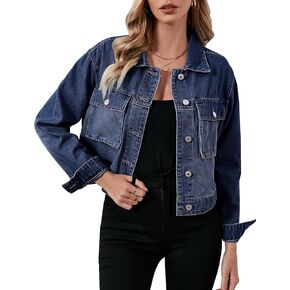 luvamia Denim Jacket for Women Cargo Pocket Lightweight Cropped Jean Jackets Oversized Trucker Shacket Trendy Fashion