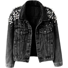 Hixiaohe Women's Vintage Embroidered Rivet Pearl Denim Jacket Short Jean Coat