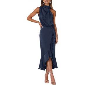 MITILLY Women's Satin Sleeveless Mock Neck Elastic Waist Bodycon Wrap Mermaid Hem Formal Cocktail Party Maxi Dress