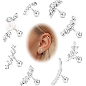 LOLIAS 8Pcs 16G Cartilage Earrings for Women, CZ Helix Earrings Stud,Flower Leaf Tragus Cartilage Helix Conch Piercing Jewelry Set for Sensitve Skins