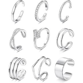 JeryWe 9 Pcs Adjustable Toe Rings for Women Open Cuff Toe Rings Silver Golden Summer Beach Toe Rings Set CZ Tail Pinky Band Rings Beach Foot Jewelry Set