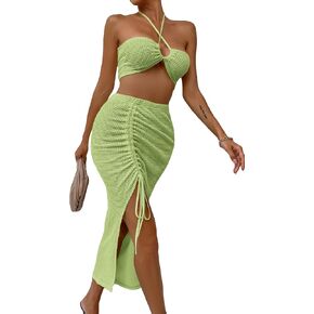 SOLY HUX Women's Summer 2 Piece Sexy Bodycon Outfits With Crop Halter Top & Drawstring Split Thigh Skirt