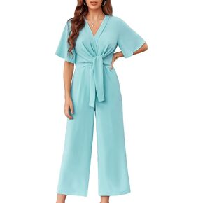 GAMISOTE Womens Wide Leg Jumpsuits Short Sleeve Tie Knot Front Summer Long Romper