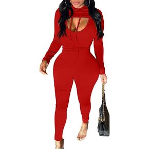 LAGSHIAN Women's Sexy 2 Piece Outfits Long Sleeve Hooded Crop Top Sleeveless Tank Jumpsuit Set