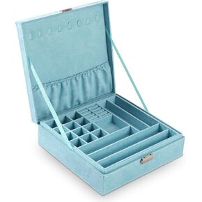 Two-Layer Lint Jewelry Box Organizer Display Storage Case with Lock, Black