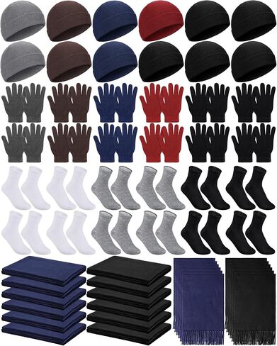 Suhine 60 Pcs Winter Warm Sets Include 12 Beanie Unisex Winter Hat 12 Scarves 12 Pair Gloves 12 Soft Lightweight Blankets 12 Pairs Socks Multicolor Homeless Care Package Supplies Bulk for Men Women in Saudi Arabia
