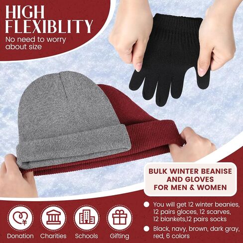 Suhine 60 Pcs Winter Warm Sets Include 12 Beanie Unisex Winter Hat 12 Scarves 12 Pair Gloves 12 Soft Lightweight Blankets 12 Pairs Socks Multicolor Homeless Care Package Supplies Bulk for Men Women in Saudi Arabia