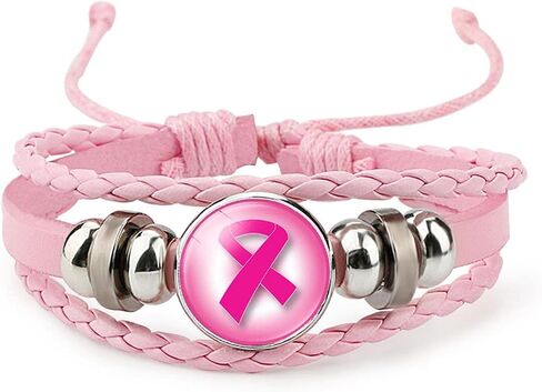 Kicomvi Breast Cancer Awareness Leather Bracelet Handmade Pink Ribbon Leather Rope Braided Bracelet Adjustable Awareness Hope Wrap Bangle for Women Jewelry in Saudi Arabia