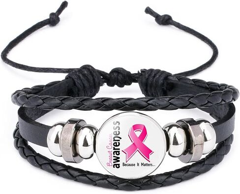 Kicomvi Breast Cancer Awareness Leather Bracelet Handmade Pink Ribbon Leather Rope Braided Bracelet Adjustable Awareness Hope Wrap Bangle for Women Jewelry in Saudi Arabia