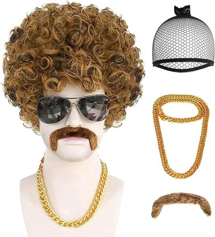 ANOGOL 4Pcs Wig Cap+Mustache+Necklace Afro Wig Men Brown Curly Wig 80S 70S Wigs for Men Disco Costume Short Black Brown Wigs for Disco Outfit Men Boys Party Rocker Cosplay Set Synthetic Wig for Party in Saudi Arabia