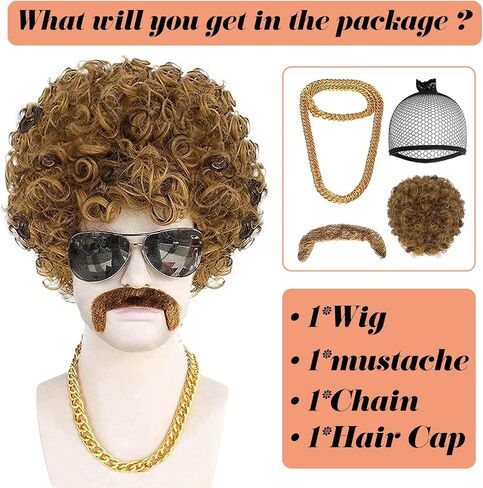 ANOGOL 4Pcs Wig Cap+Mustache+Necklace Afro Wig Men Brown Curly Wig 80S 70S Wigs for Men Disco Costume Short Black Brown Wigs for Disco Outfit Men Boys Party Rocker Cosplay Set Synthetic Wig for Party in Saudi Arabia