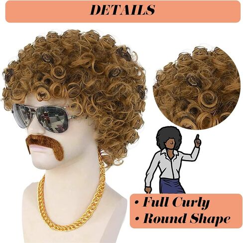 ANOGOL 4Pcs Wig Cap+Mustache+Necklace Afro Wig Men Brown Curly Wig 80S 70S Wigs for Men Disco Costume Short Black Brown Wigs for Disco Outfit Men Boys Party Rocker Cosplay Set Synthetic Wig for Party in Saudi Arabia