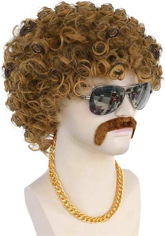 ANOGOL 4Pcs Wig Cap+Mustache+Necklace Afro Wig Men Brown Curly Wig 80S 70S Wigs for Men Disco Costume Short Black Brown Wigs for Disco Outfit Men Boys Party Rocker Cosplay Set Synthetic Wig for Party in Saudi Arabia
