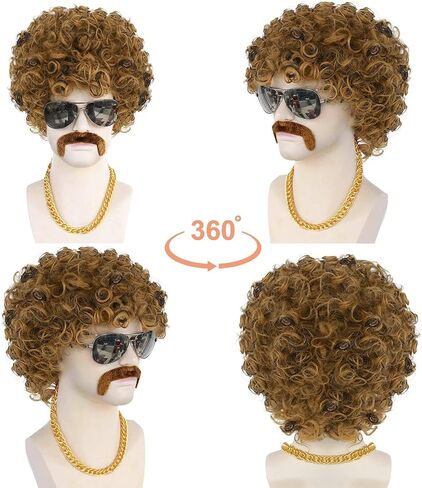 ANOGOL 4Pcs Wig Cap+Mustache+Necklace Afro Wig Men Brown Curly Wig 80S 70S Wigs for Men Disco Costume Short Black Brown Wigs for Disco Outfit Men Boys Party Rocker Cosplay Set Synthetic Wig for Party in Saudi Arabia