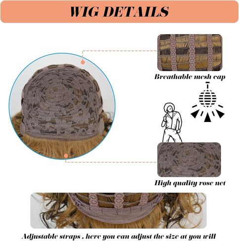 ANOGOL 4Pcs Wig Cap+Mustache+Necklace Afro Wig Men Brown Curly Wig 80S 70S Wigs for Men Disco Costume Short Black Brown Wigs for Disco Outfit Men Boys Party Rocker Cosplay Set Synthetic Wig for Party in Saudi Arabia