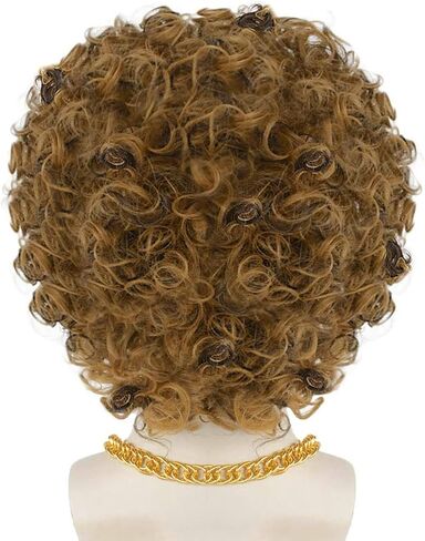 ANOGOL 4Pcs Wig Cap+Mustache+Necklace Afro Wig Men Brown Curly Wig 80S 70S Wigs for Men Disco Costume Short Black Brown Wigs for Disco Outfit Men Boys Party Rocker Cosplay Set Synthetic Wig for Party in Saudi Arabia