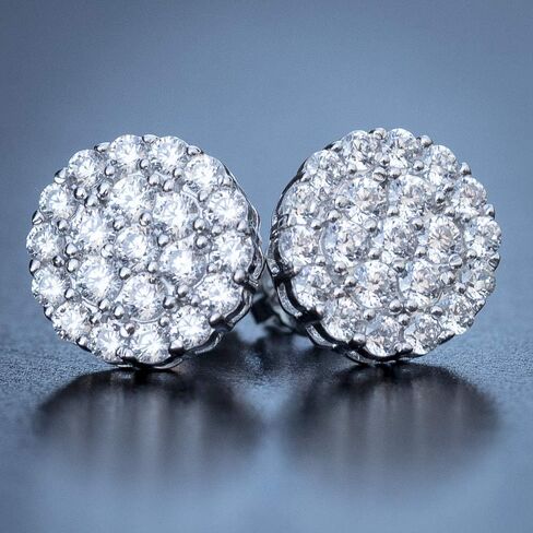 Mens White Gold Plated 925 Sterling Silver Round Hiphop CZ Cluster Screw Back Stud Earrings in Saudi Arabia