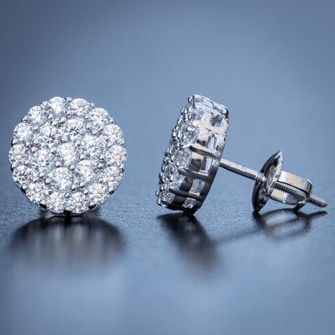 Mens White Gold Plated 925 Sterling Silver Round Hiphop CZ Cluster Screw Back Stud Earrings in Saudi Arabia