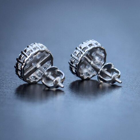 Mens White Gold Plated 925 Sterling Silver Round Hiphop CZ Cluster Screw Back Stud Earrings in Saudi Arabia
