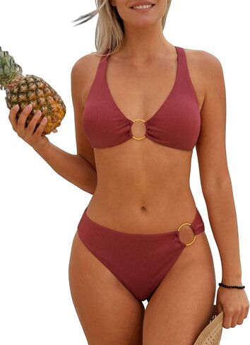 CALSUZ Women Two Piece Bikini Set Tie Back Bathing Suit O-Ring High Waisted Swimsuit Top with Bottom in Saudi Arabia