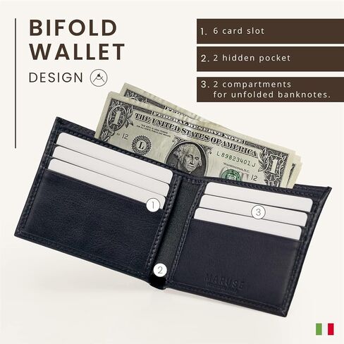محفظة Maruse Bifold - محفظة جلدية نحيفة - محفظة جلد عجل إيطالي أصلي - أنيقة وراقية - محفظة متعددة الاستخدامات وبسيطة للرجال، أسود in Saudi Arabia